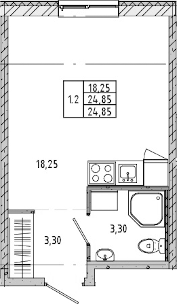 Квартира студия 24.63 м², 1/21 эт., ЖК «Новые горизонты 2»